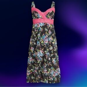 Betsey Johnson Multicolor Floral Midi Dress w/Pink Lace - Size M
